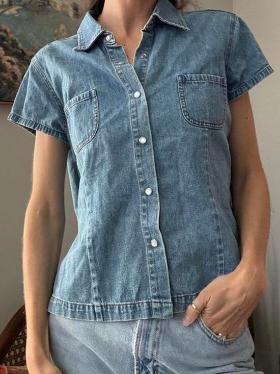 Vintage Lee denim blue button up shirt sleeved shirt - Picture 1 of 5